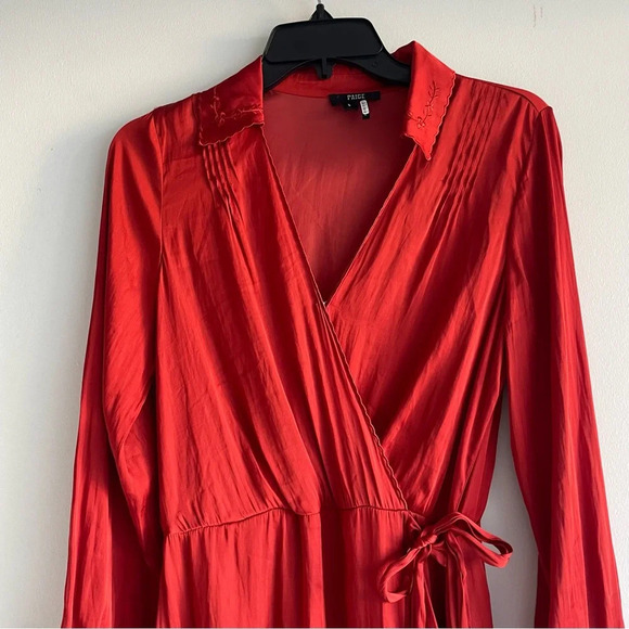 Paige parisa rust color red embroidered satin wrap dress 22260 - Picture 6 of 13